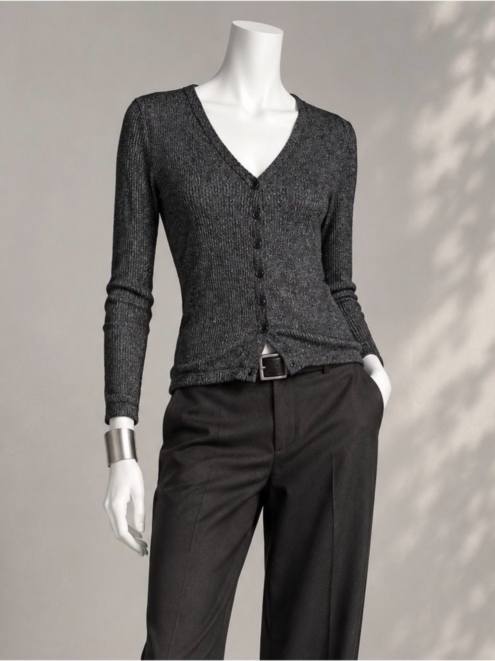 Rag & Bone Minimalist Cardigan Gray Black Ribbed V Neck Lightweight Button M/